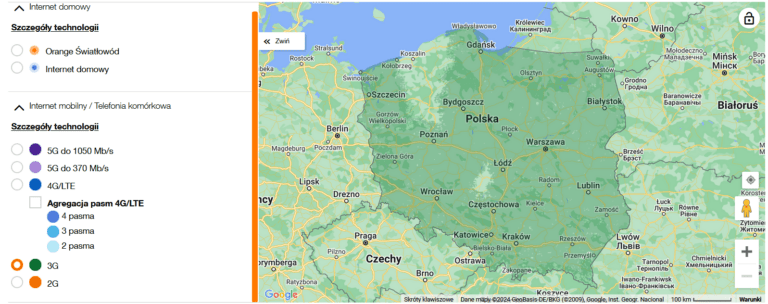 Mapa zasięgu sieci Orange 3G