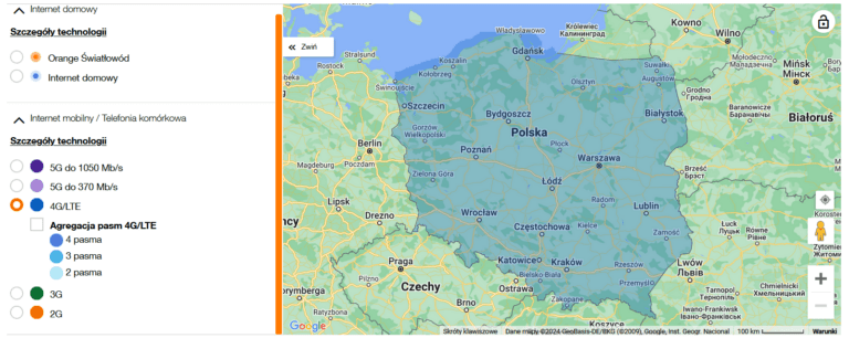 Mapa zasięgu sieci Orange 4G