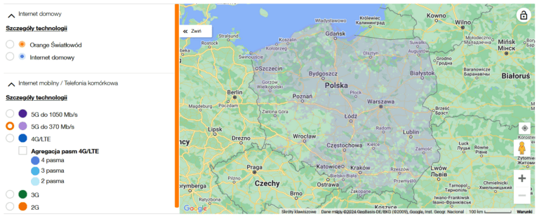 Mapa zasięgu sieci Orange 5G