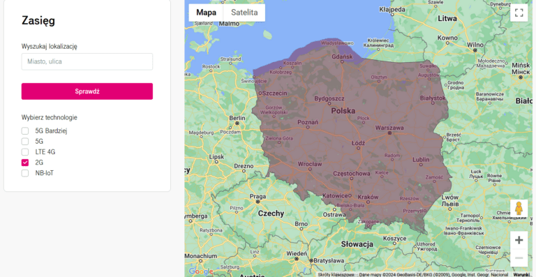 Mapa zasięgu sieci T-Mobile 2G